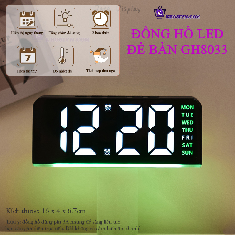 Đồng Hồ LED Decor Để Bàn Để Phòng, Đồng Hồ Tích Hợp Đèn Ngủ Có Báo Thức Nhiệt Độ - GH8033