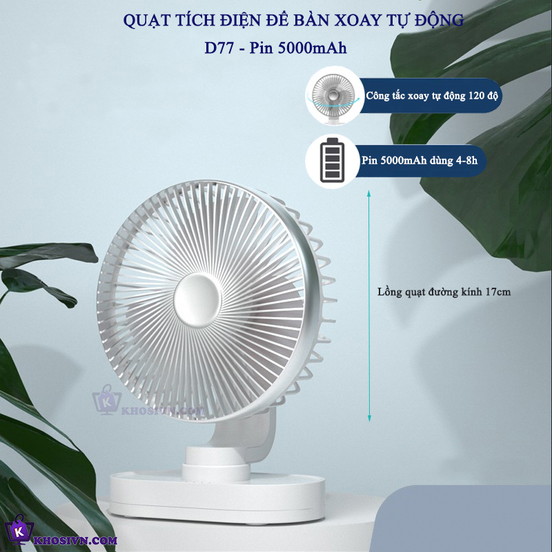 Quạt Để Bàn Văn Phòng Mini Tích Điện Xoay Được Pin Sạc 5000mAh Gió Mạnh - D77