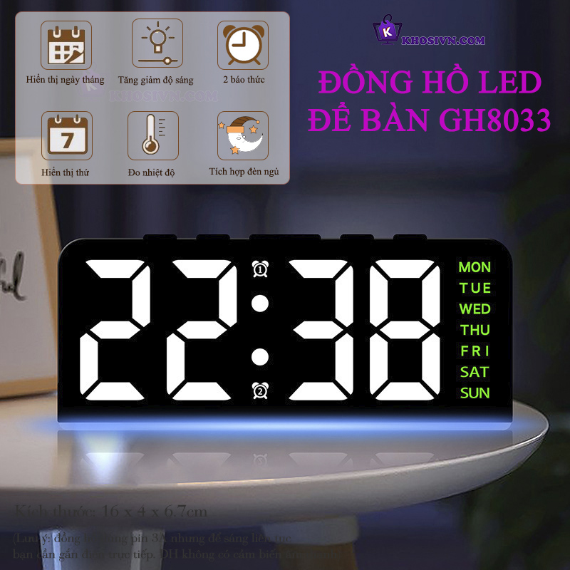Đồng Hồ LED Decor Để Bàn Để Phòng, Đồng Hồ Tích Hợp Đèn Ngủ Có Báo Thức Nhiệt Độ - GH8033