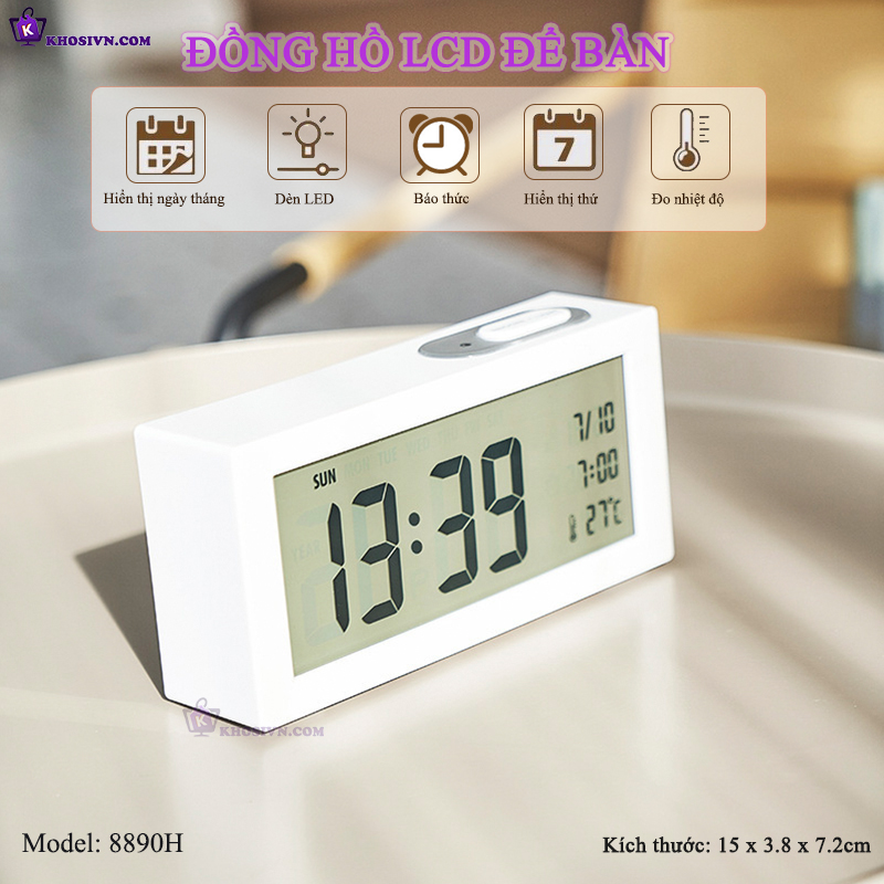 Đồng Hồ LED Để Bàn Màn Hình LCD Báo Thức Hiển Thị Nhiệt Độ Ngày Tháng - 8890H