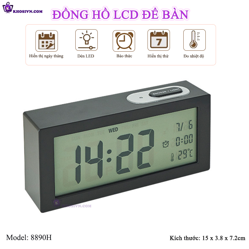 Đồng Hồ LED Để Bàn Màn Hình LCD Báo Thức Hiển Thị Nhiệt Độ Ngày Tháng - 8890H