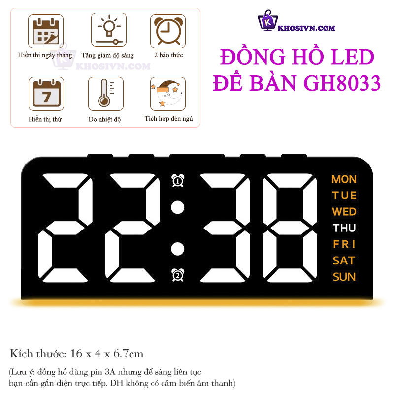 Đồng Hồ LED Decor Để Bàn Để Phòng, Đồng Hồ Tích Hợp Đèn Ngủ Có Báo Thức Nhiệt Độ - GH8033