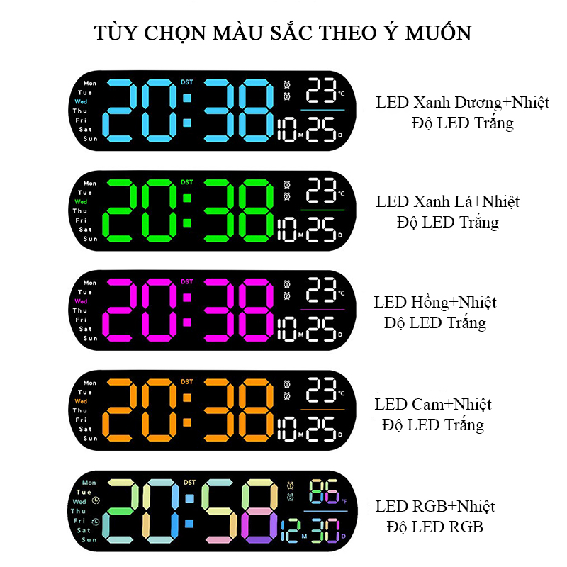 Đồng Hồ LED RGB Gắn Tường, Đồng Hồ Treo Tường Phòng Ngủ Phòng Khách Có Đèn Ngủ Báo Thức, Đếm Ngược - 5502