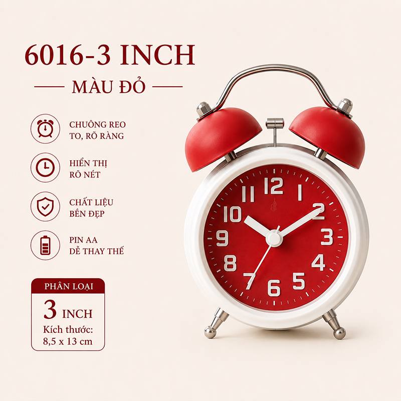 Đồng Hồ Chuông Reo Báo Thức Kim Trôi Để Bàn Kim Pin AA Size 3 - 4 inch Lớn DHCR-6016