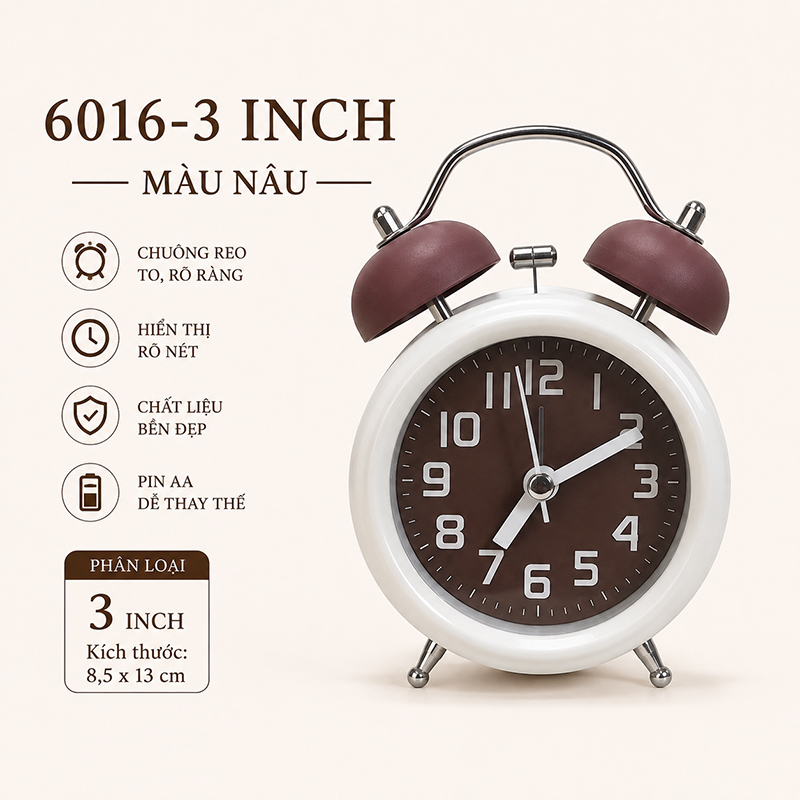 Đồng Hồ Chuông Reo Báo Thức Kim Trôi Để Bàn Kim Pin AA Size 3 - 4 inch Lớn DHCR-6016