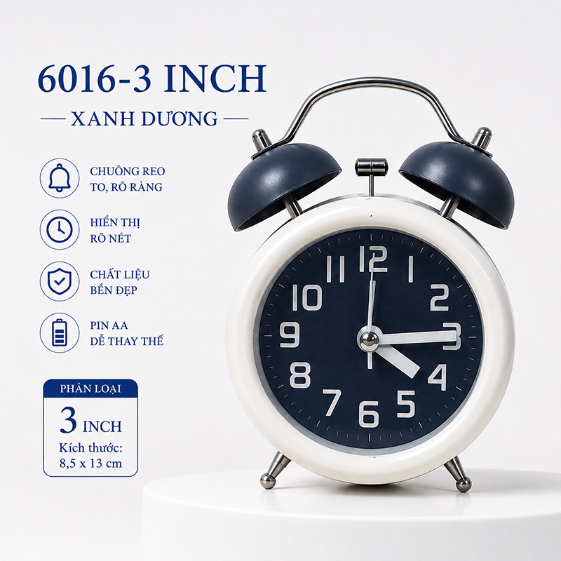 Đồng Hồ Chuông Reo Báo Thức Kim Trôi Để Bàn Kim Pin AA Size 3 - 4 inch Lớn DHCR-6016
