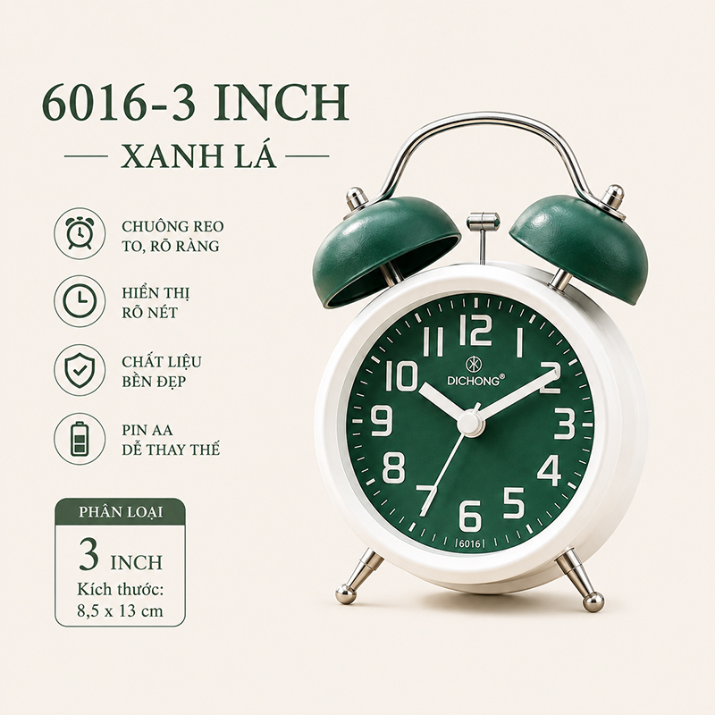 Đồng Hồ Chuông Reo Báo Thức Kim Trôi Để Bàn Kim Pin AA Size 3 - 4 inch Lớn DHCR-6016