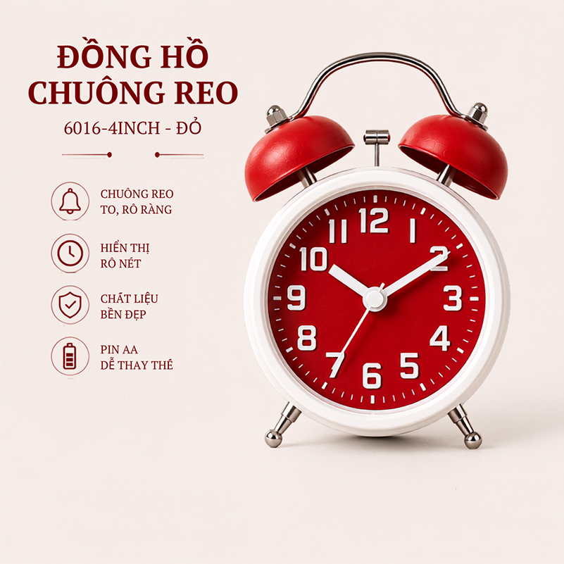 Đồng Hồ Chuông Reo Báo Thức Kim Trôi Để Bàn Kim Pin AA Size 3 - 4 inch Lớn DHCR-6016