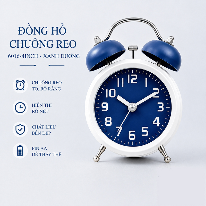 Đồng Hồ Chuông Reo Báo Thức Kim Trôi Để Bàn Kim Pin AA Size 3 - 4 inch Lớn DHCR-6016