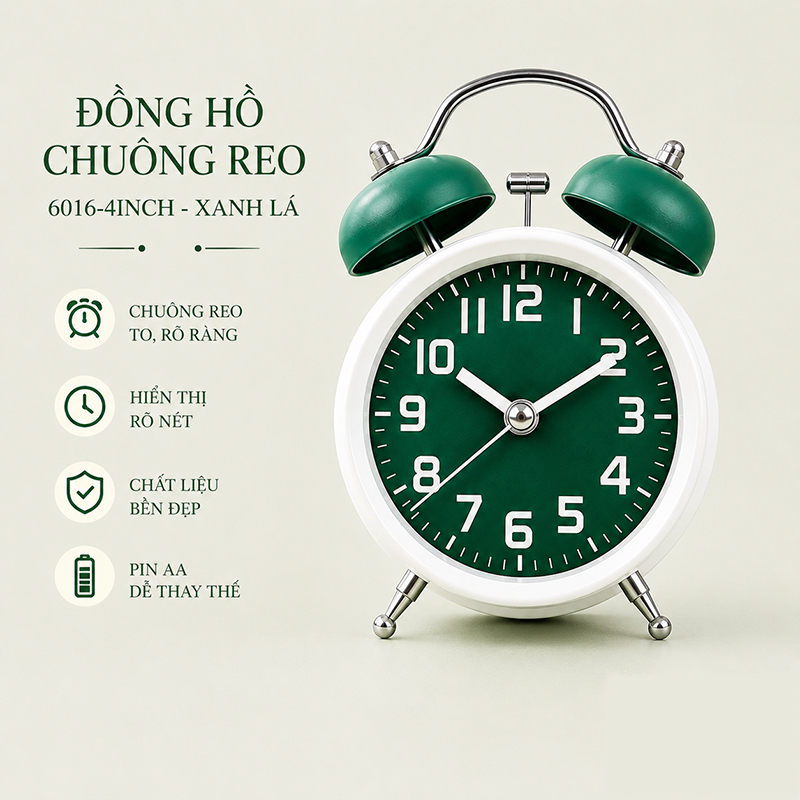 Đồng Hồ Chuông Reo Báo Thức Kim Trôi Để Bàn Kim Pin AA Size 3 - 4 inch Lớn DHCR-6016