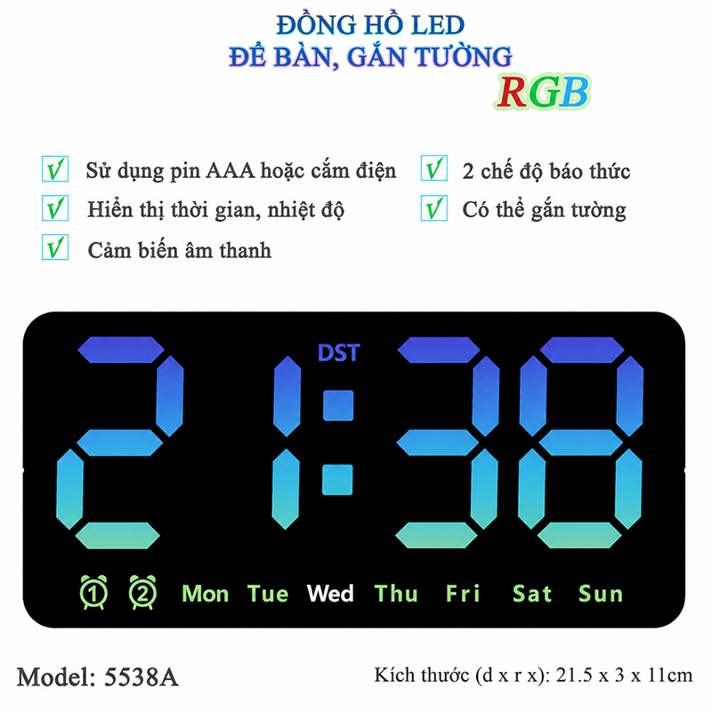 Đồng Hồ LED Báo Thức Để Bàn Gắn Tường Đa Chức Năng - 6638