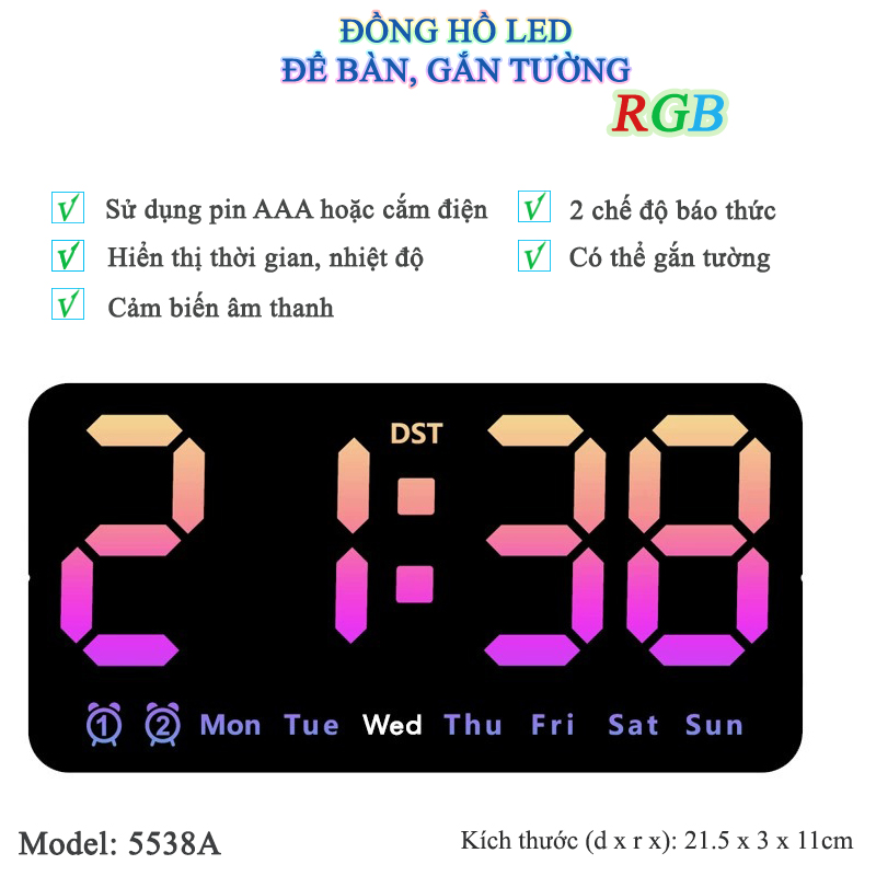 Đồng Hồ LED Báo Thức Để Bàn Gắn Tường Đa Chức Năng - 6638