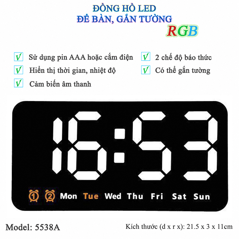 Đồng Hồ LED Báo Thức Để Bàn Gắn Tường Đa Chức Năng - 6638