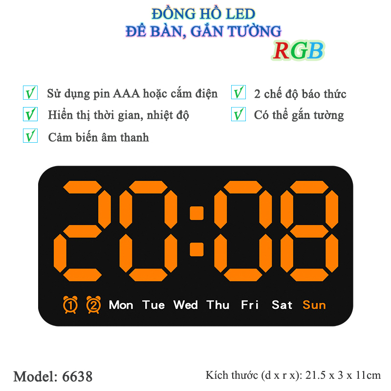 Đồng Hồ LED Báo Thức Để Bàn Gắn Tường Đa Chức Năng - 6638
