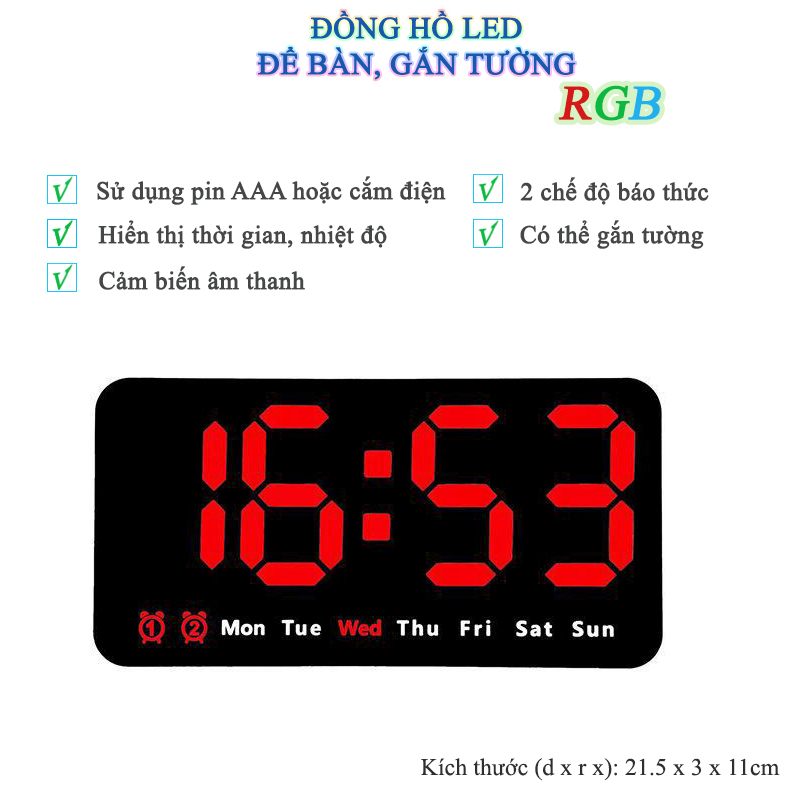 Đồng Hồ LED Báo Thức Để Bàn Gắn Tường Đa Chức Năng - 6638