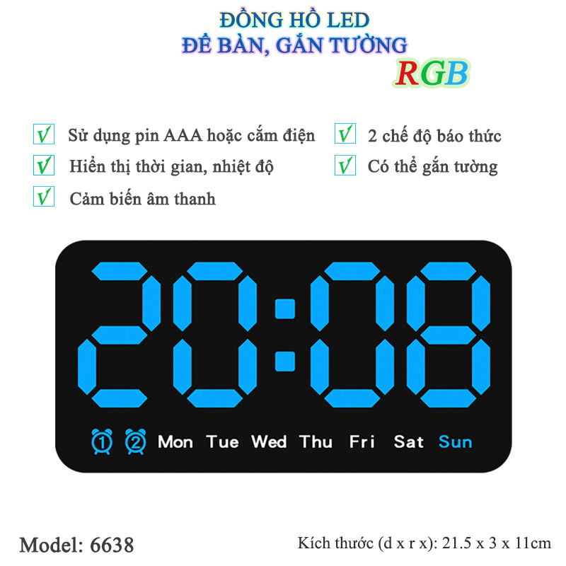 Đồng Hồ LED Báo Thức Để Bàn Gắn Tường Đa Chức Năng - 6638