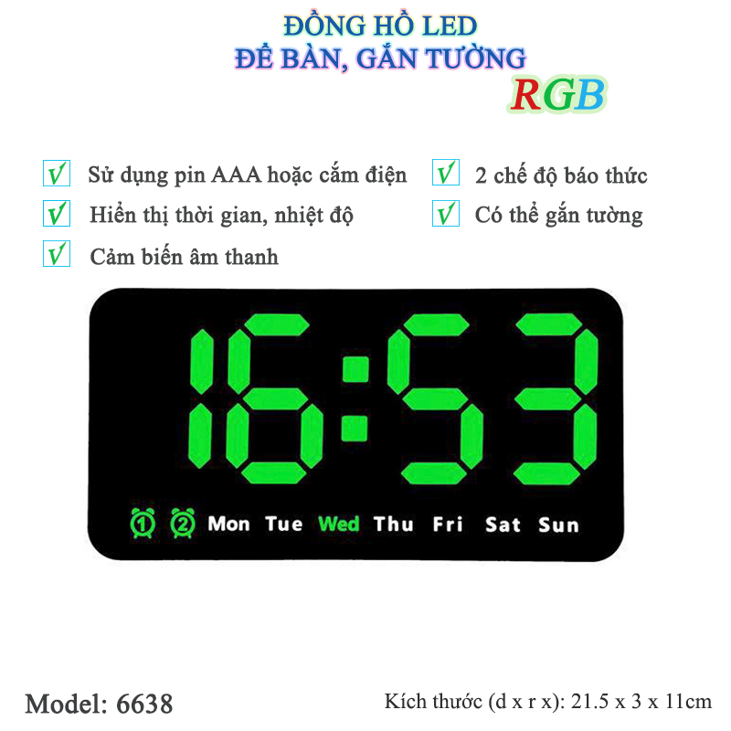Đồng Hồ LED Báo Thức Để Bàn Gắn Tường Đa Chức Năng - 6638