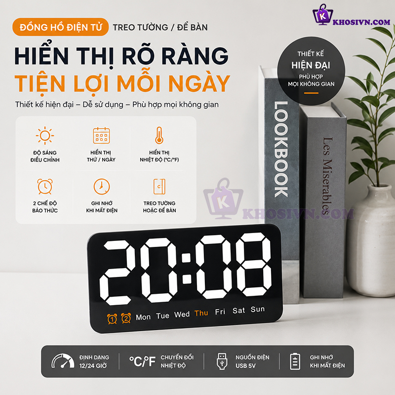 Đồng Hồ LED Báo Thức Để Bàn Gắn Tường Đa Chức Năng - 6638