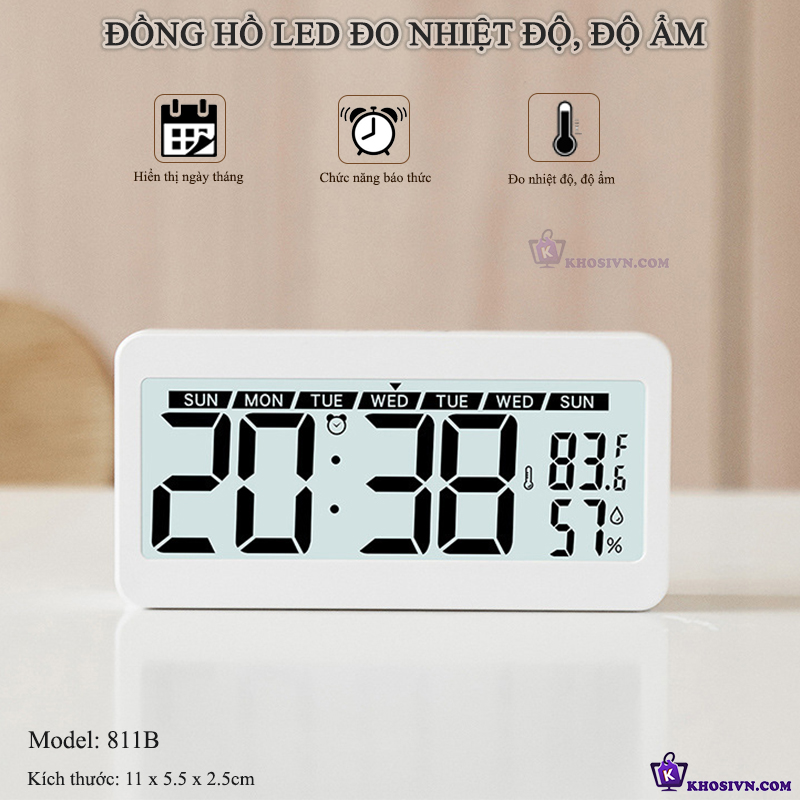 Đồng Hồ LED LCD Đo Độ Ẩm Màn Hình Để Bàn Có Chức Năng Báo Thức, Đo Nhiệt Độ, Hiển Thị Thời Gian - 813EN