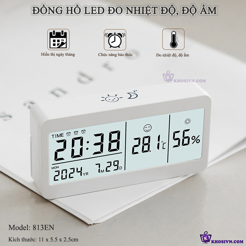 Đồng Hồ LED LCD Đo Độ Ẩm Màn Hình Để Bàn Có Chức Năng Báo Thức, Đo Nhiệt Độ, Hiển Thị Thời Gian - 813EN