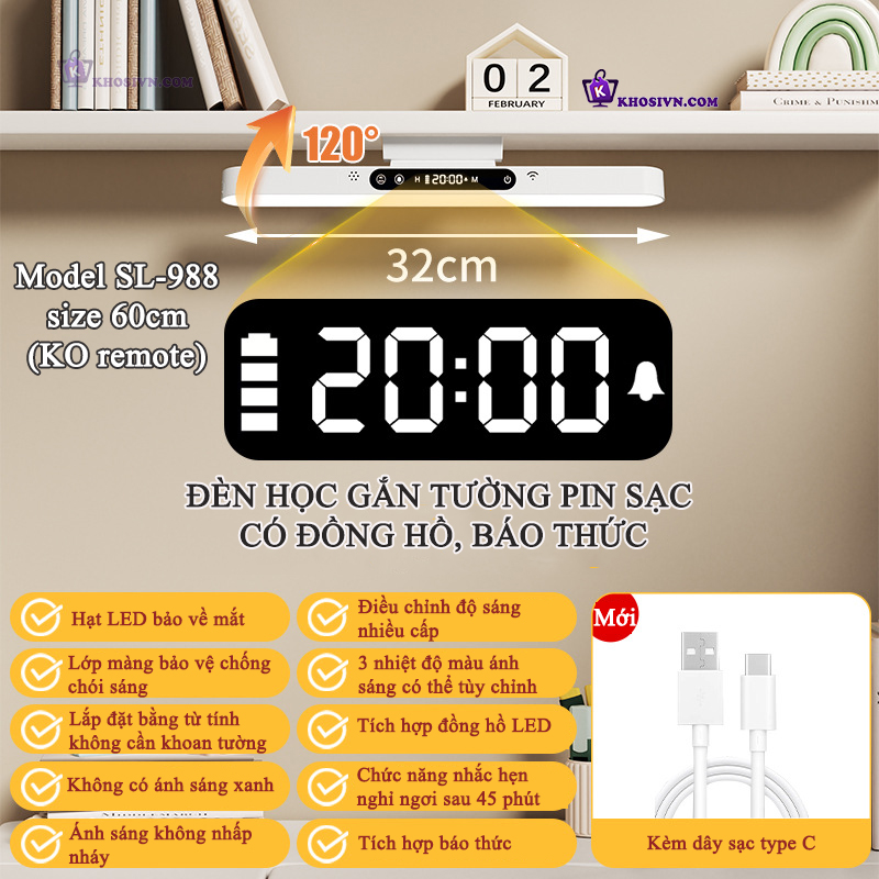 Đèn Tích Điện Gắn Tường Chống Cận Thị Pin Sạc Tích Hợp Đồng Hồ, Báo Thức, 3 Màu Ánh Sáng Tăng Giảm Độ Sáng - SL-999