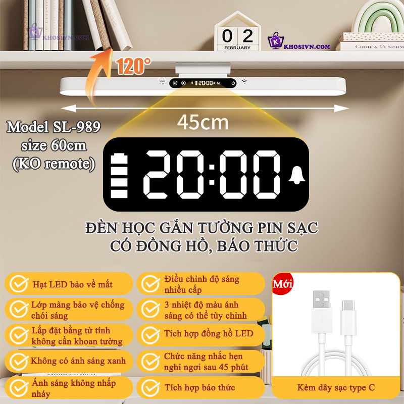 Đèn Tích Điện Gắn Tường Chống Cận Thị Pin Sạc Tích Hợp Đồng Hồ, Báo Thức, 3 Màu Ánh Sáng Tăng Giảm Độ Sáng - SL-999