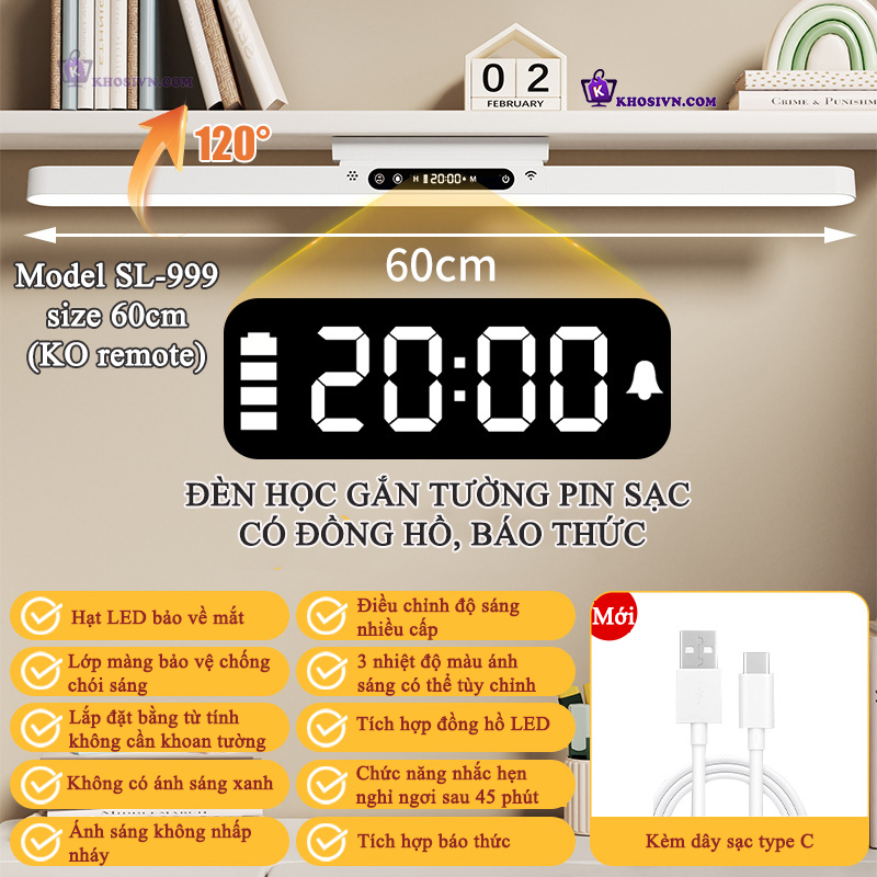 Đèn Tích Điện Gắn Tường Chống Cận Thị Pin Sạc Tích Hợp Đồng Hồ, Báo Thức, 3 Màu Ánh Sáng Tăng Giảm Độ Sáng - SL-999