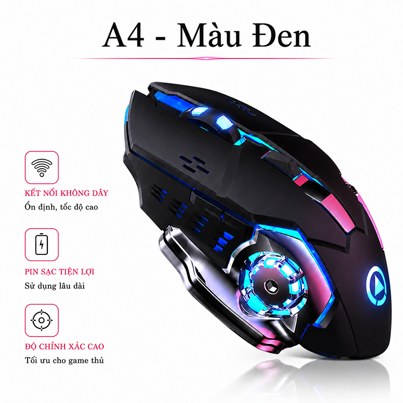 Chuột Gaming Không Dây Kết Nối 2.4G LED RGB 1600DPI Chơi Game, Chuột Văn Phòng A4