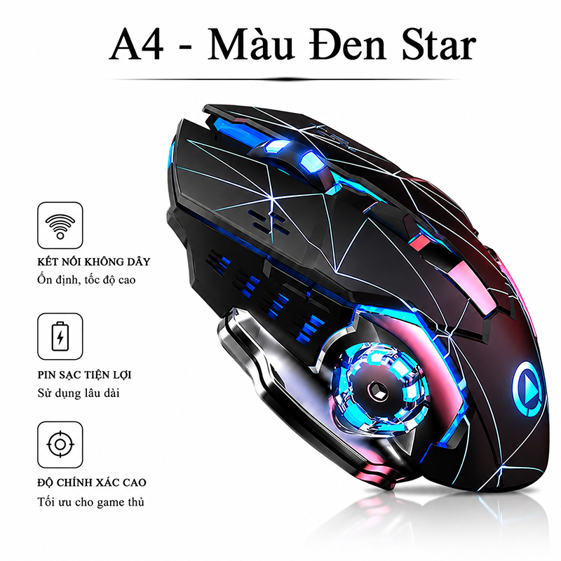 Chuột Gaming Không Dây Kết Nối 2.4G LED RGB 1600DPI Chơi Game, Chuột Văn Phòng A4