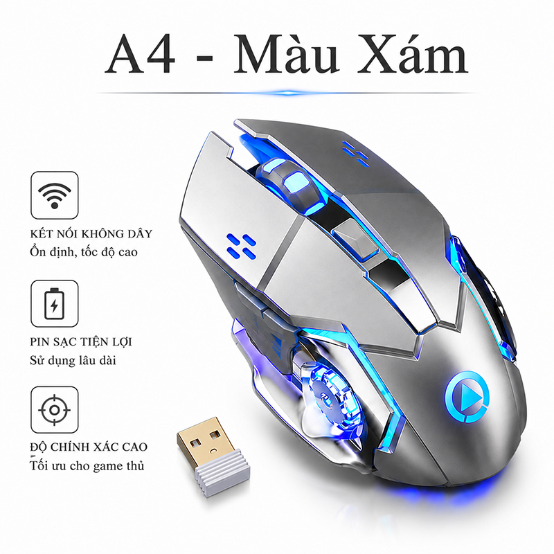 Chuột Gaming Không Dây Kết Nối 2.4G LED RGB 1600DPI Chơi Game, Chuột Văn Phòng A4