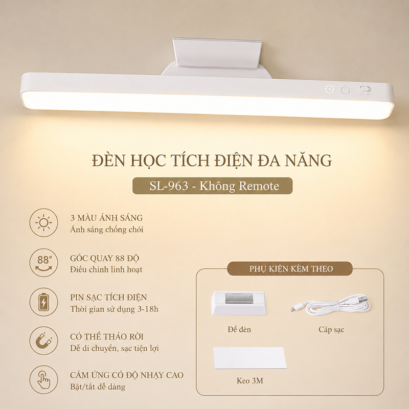 Đèn Học Tích Điện Điện Gắn Tường Đa Năng Góc Chiếu Sáng 88 Độ 3 Màu Ánh Sáng SL-963