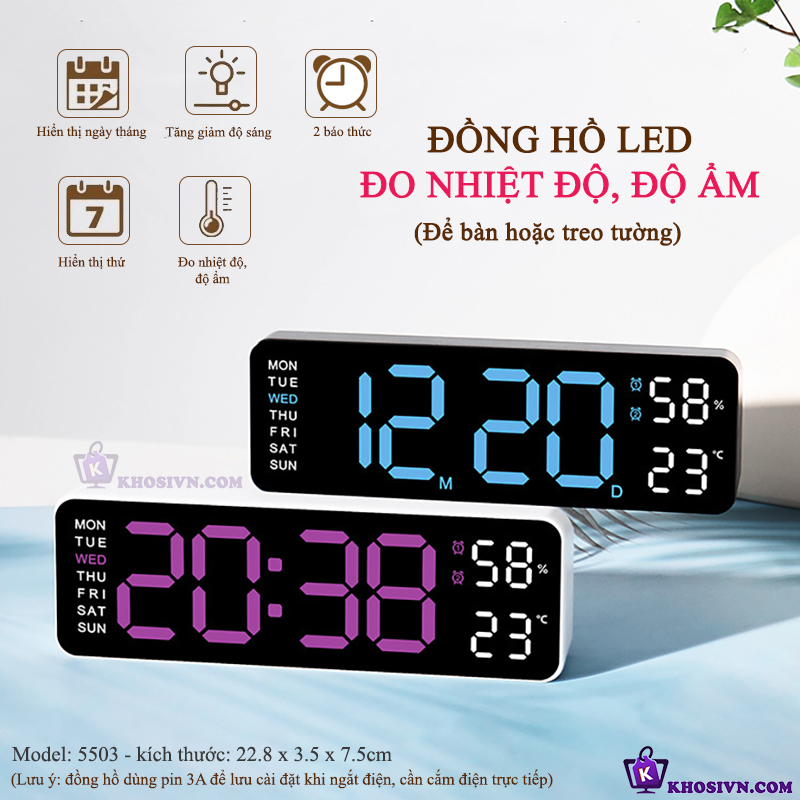 Đồng Hồ LED Để Bàn Decor, Đồng Hồ Báo Thức Để Bàn Hiển Thị Thời Gian Nhiệt Độ - 5503