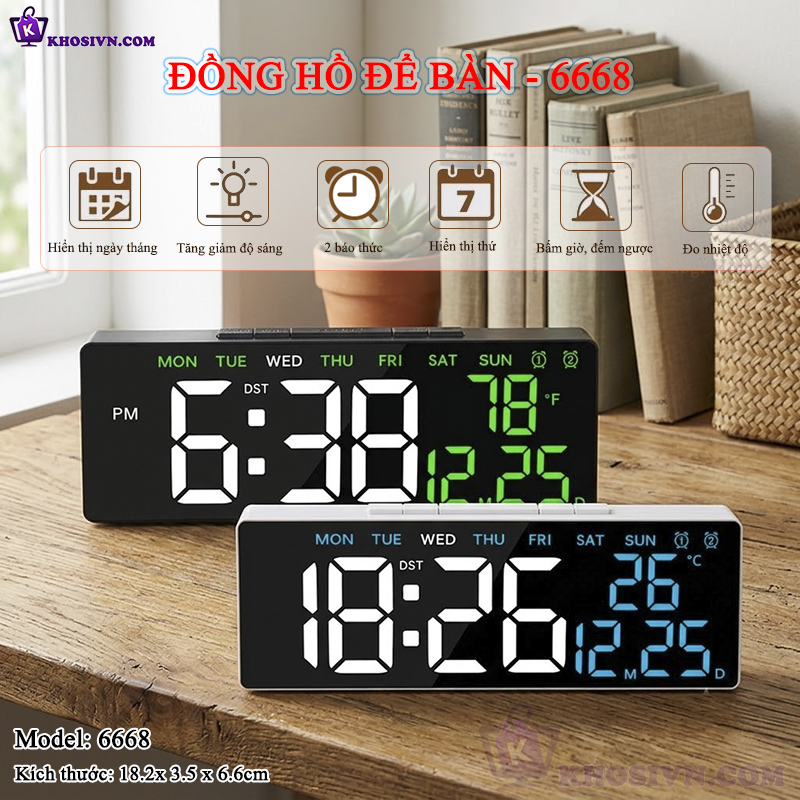 Đồng Hồ LED Điện Tử Để Bàn Gắn Tường Hiện Đại Đa Chức Năng - 6668