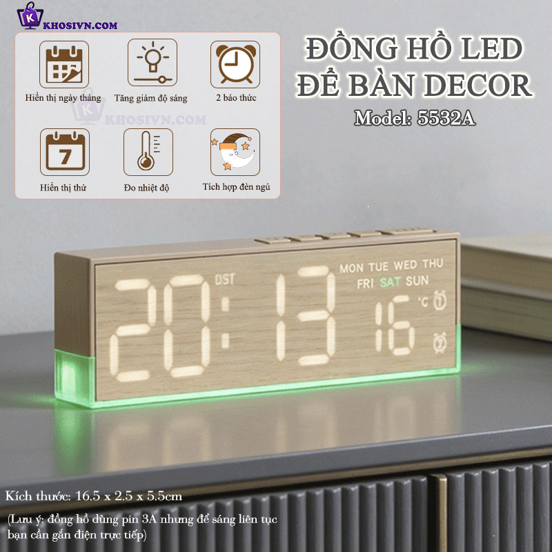 Đồng Hồ LED Để Bàn Decor Đa Năng Có Báo Thức Và LED Nền - 5532/5535