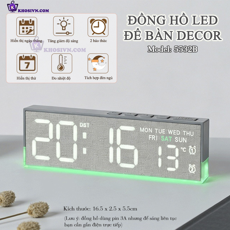 Đồng Hồ LED Để Bàn Decor Đa Năng Có Báo Thức Và LED Nền - 5532/5535