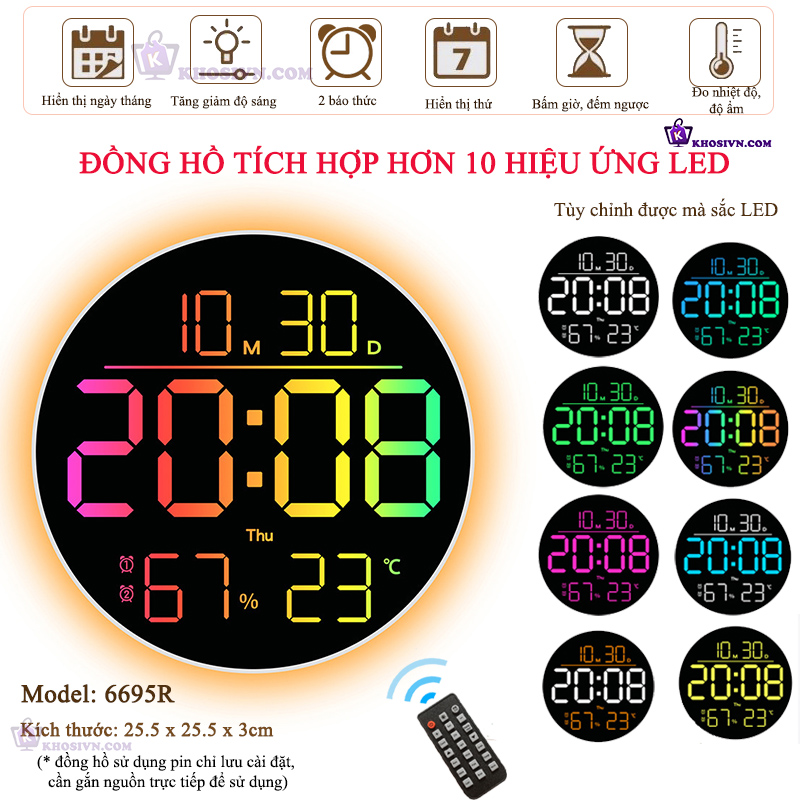 Đồng Hồ LED Decor Điện Tử Treo Tường Hình Tròn Tùy Chỉnh Được Màu LED - 6695R