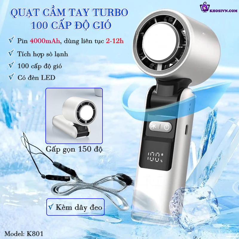 Quạt Turbo Cầm Tay 100 Cấp Độ Gió Có Sò Lạnh Và Đèn LED Pin Trâu 4000mAh K801