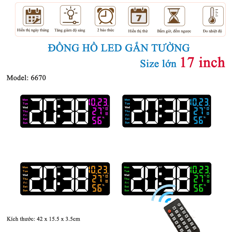 Đồng Hồ LED Điện Tử Decor 17 inch Kích Thước Lớn Găn Tường Treo Tường Có Remote Bấm Giờ Đếm Ngược - 6670