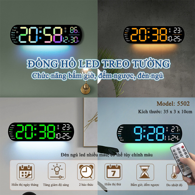 Đồng Hồ LED RGB Gắn Tường, Đồng Hồ Treo Tường Phòng Ngủ Phòng Khách Có Đèn Ngủ Báo Thức, Đếm Ngược - 5502