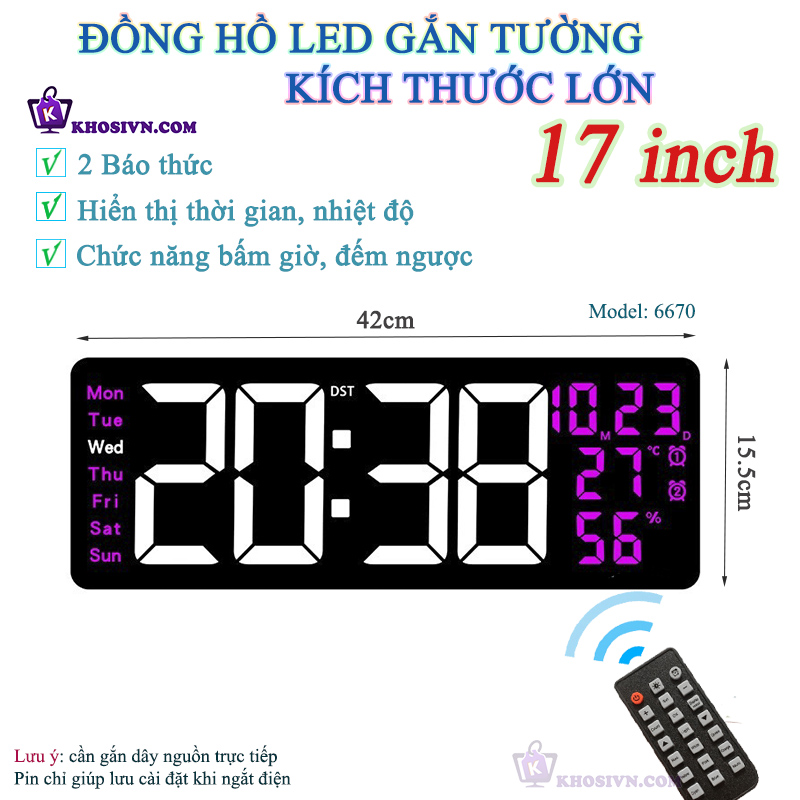 Đồng Hồ LED Điện Tử Decor 17 inch Kích Thước Lớn Găn Tường Treo Tường Có Remote Bấm Giờ Đếm Ngược - 6670