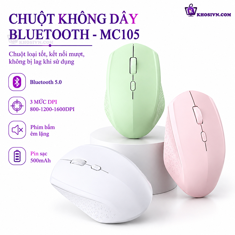 Chuột Mini Không Dây Kết Nối Bluetooth 2.4G Độ Nhạy 1600DPI, Thiết Kế Công Thái Học Chuột Văn Phòng MC105