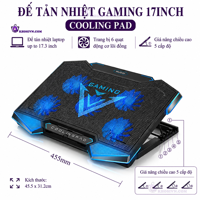 Đế Tản Nhiệt Laptop Gaming 17inch 2 Cổng USB Thiết Kế Hiện Đại 5 Cấp Độ Có LED Cooling Pad