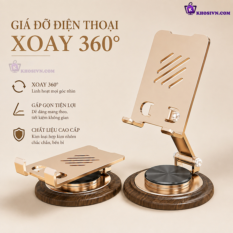 Giá Đỡ Điện Thoại Gấn Gọn Để Bàn Hợp Kim Nhôm Xoay 360 Độ Bền Bỉ