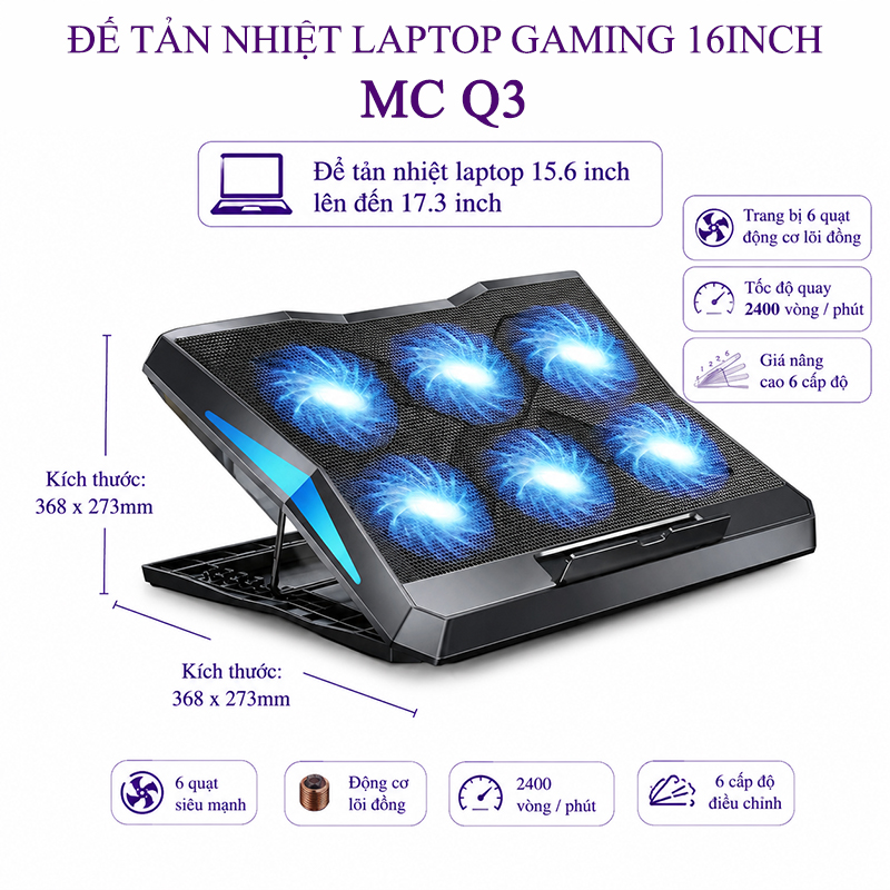 Đế Tản Nhiệt Laptop Gaming 16inch 2 Cổng Có 6 Cánh Quạt Gió Mạnh Không Ồn MC Q3