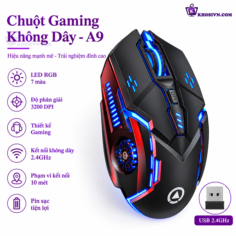Chuột Gaming Không Dây Kết Nối 2.4G LED RGB 3200DPI Chơi Game, Chuột Văn Phòng A9