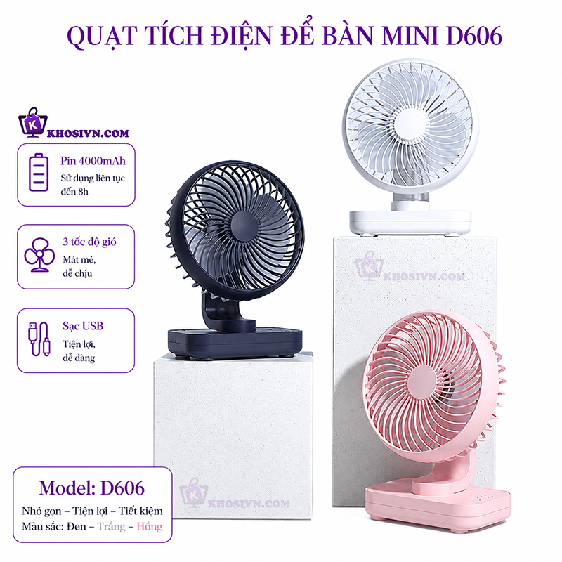 Quạt Để Bàn Văn Phòng Tích Điện Mini 4 Chế Độ Gió Pin trâu 5000mAh Tiện Lợi D606