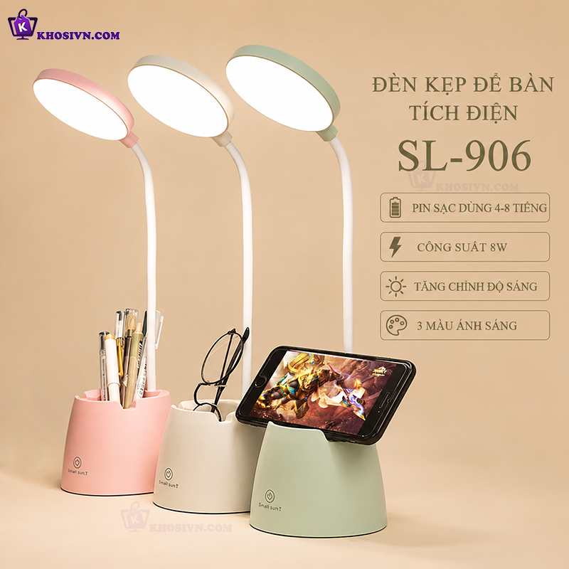 Đèn Học Tích Điện Để Bàn Sử Dụng LED Chống Cận 3 Màu Ánh Sáng Tích Hợp Ngăn Chứa Đồ SL-906