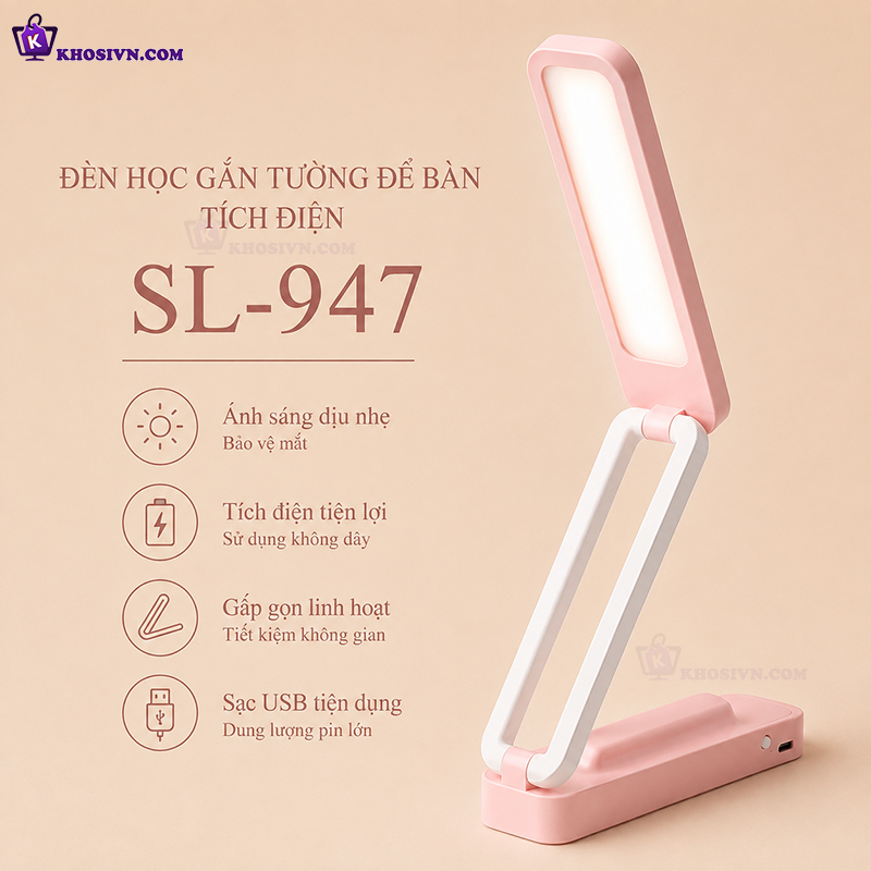 Đèn Học Tích Điện Gắp Gọn Để Bàn Gắn Tường Đăng Năng 3 Màu Ánh Sáng Có Tích Hợp Remote SL-947