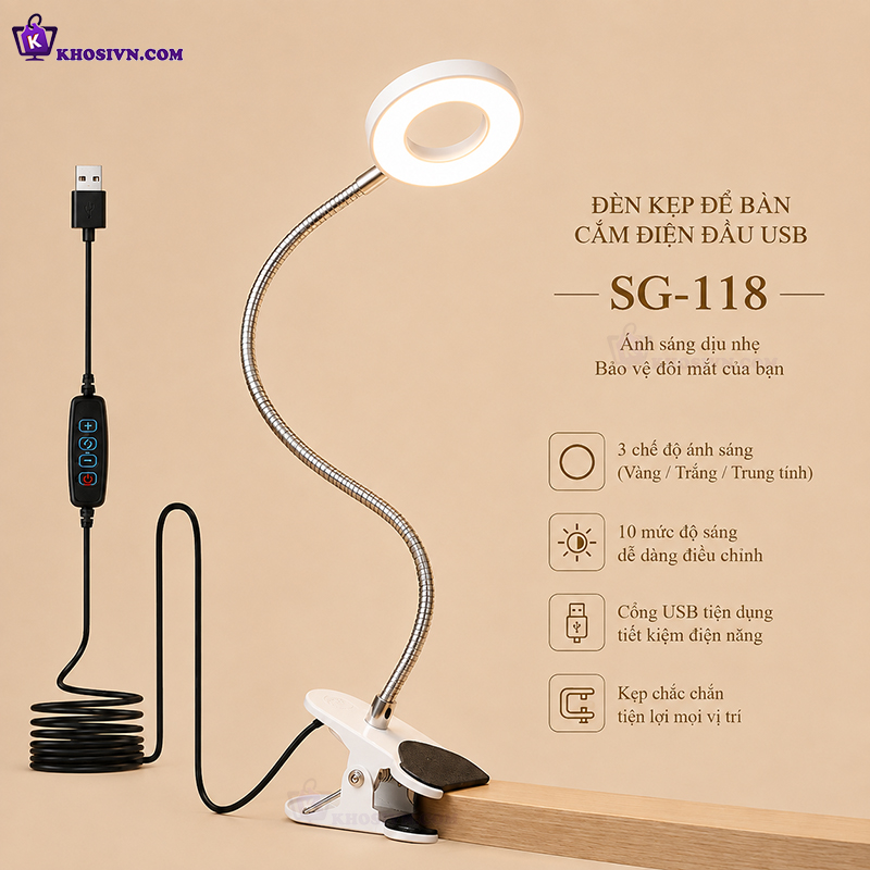 Đèn Học Cắm Điện USB Kẹp Để Bàn 3 Màu Ánh Sáng Có Thể Tùy Chỉnh Thân Uốn Lượn 360 Độ SG-118
