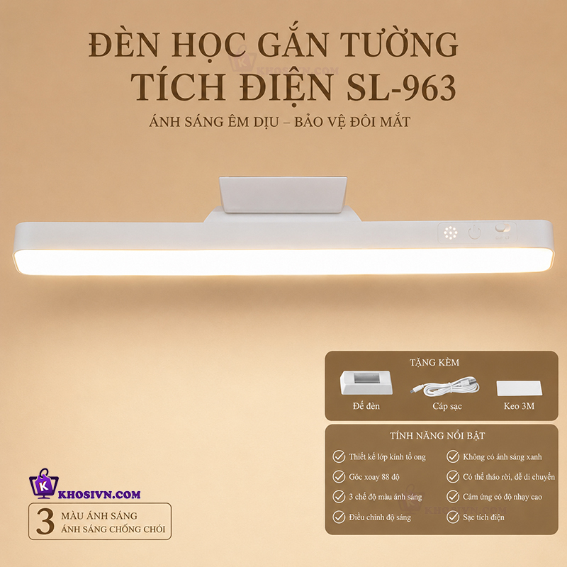 Đèn Học Tích Điện Điện Gắn Tường Đa Năng Góc Chiếu Sáng 88 Độ 3 Màu Ánh Sáng SL-963
